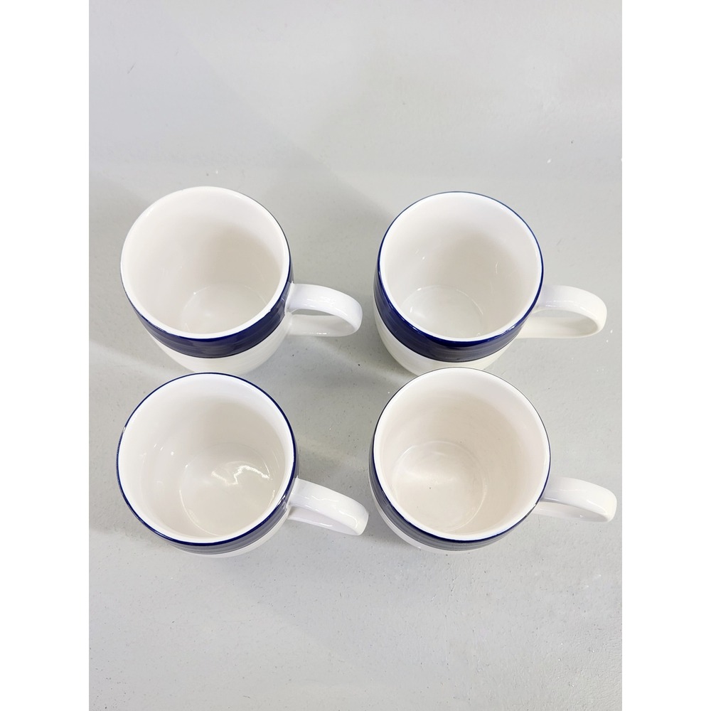 Pottery Barn Coffee Mugs Set of 4 White Navy Blue Ribbed Stoneware E - Picture 2 of 7